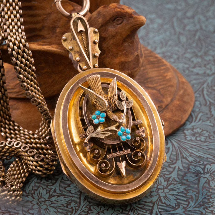 Victorian Locket with Dove and Turquoise Forget-me-nots c1870