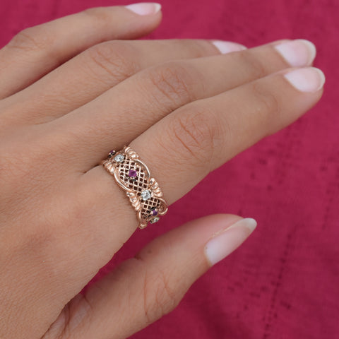 Retro Diamond & Ruby Lattice Band