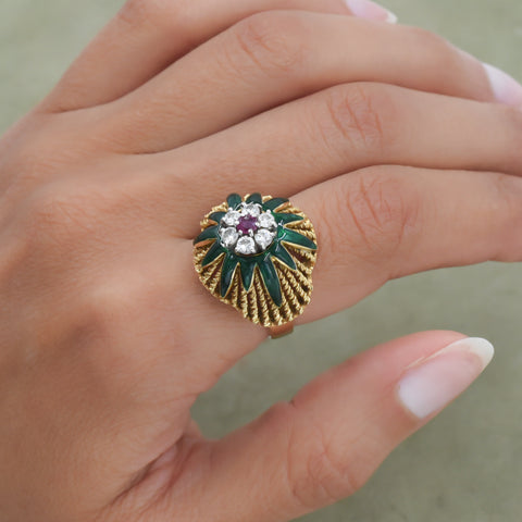 Ruby Diamond & Enamel Cocktail Ring c1960