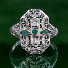 Filigree Dinner Ring with Glass Emeralds c1920