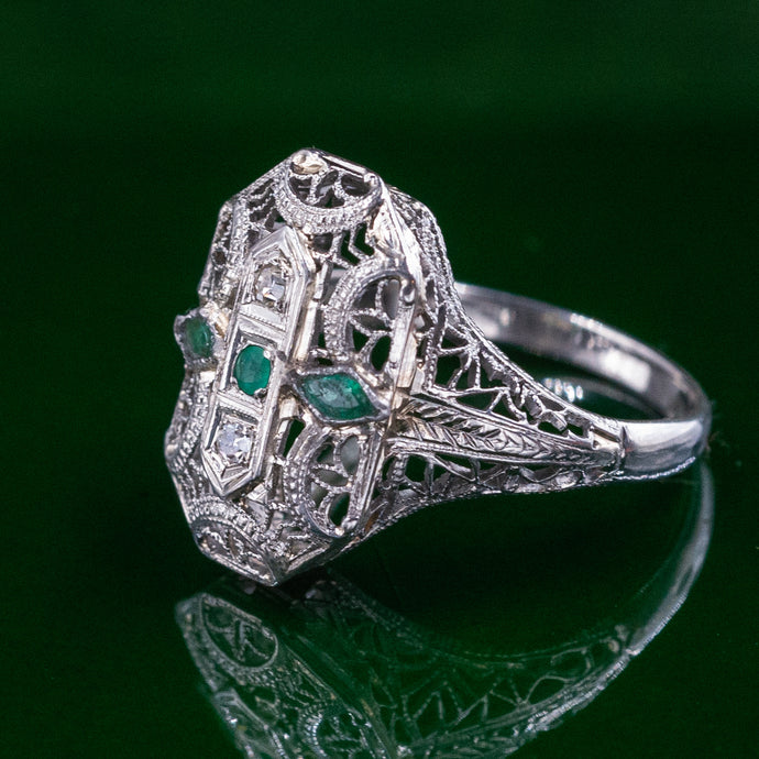 Filigree Dinner Ring with Glass Emeralds c1920