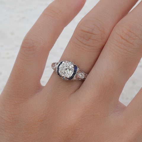 Art Deco Old Mine Diamond Ring with Sapphires