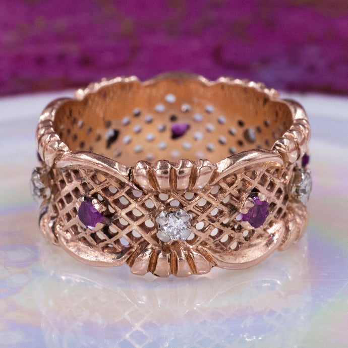 Retro Diamond & Ruby Lattice Band