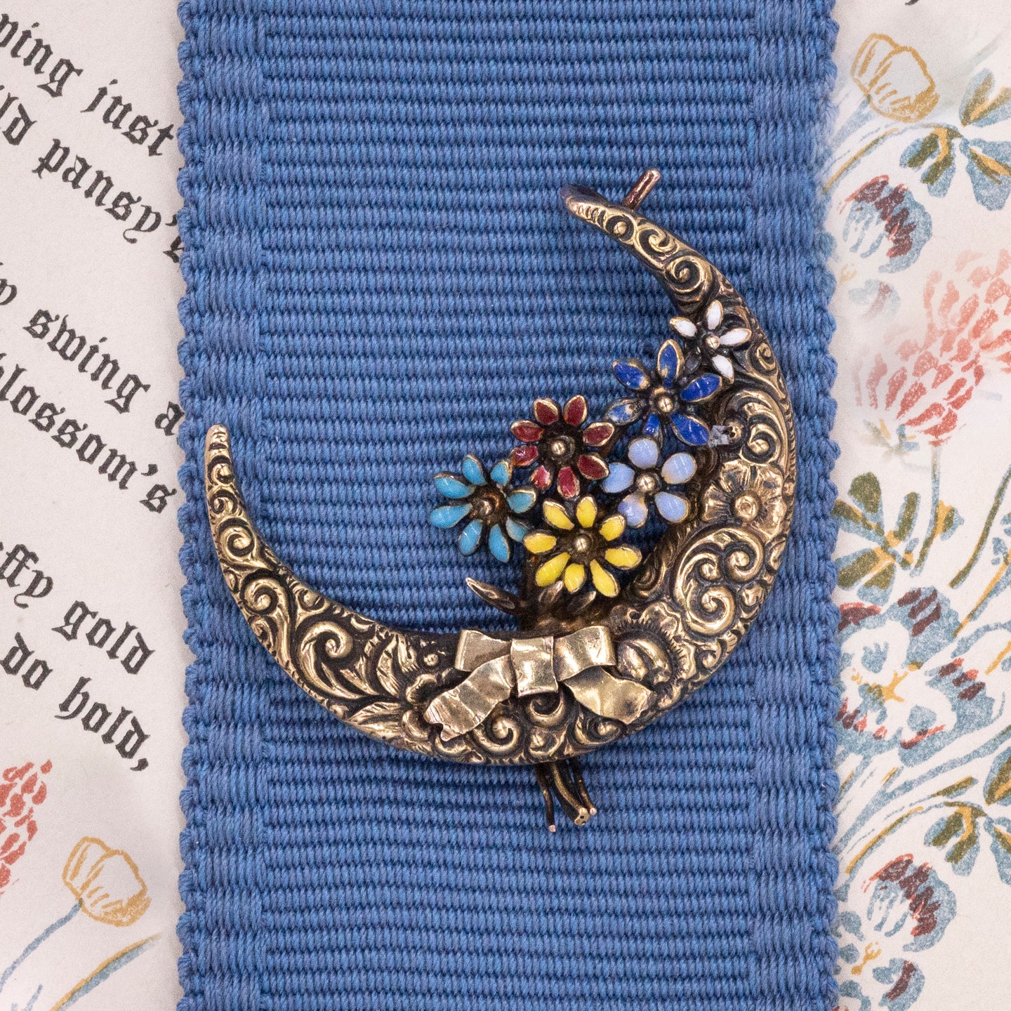 Antique Crescent Moon & Flowers Pin c1880