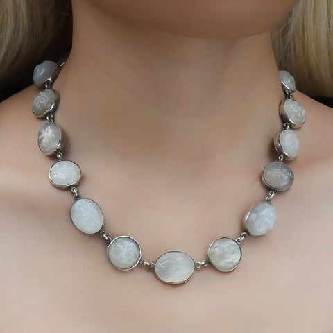 Carved Moonstone and Sterling Moon Face Necklace