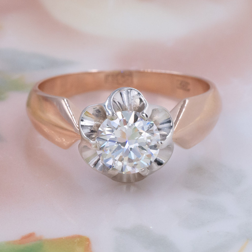 Delchev Rings Soviet 1.10ct Diamond Buttercup Ring c1930 – Pippin Vintage Jewelry