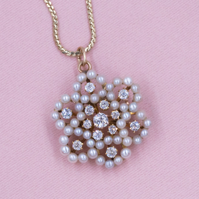 Pearl & Diamond Star-Flower Pin Pendant c1890