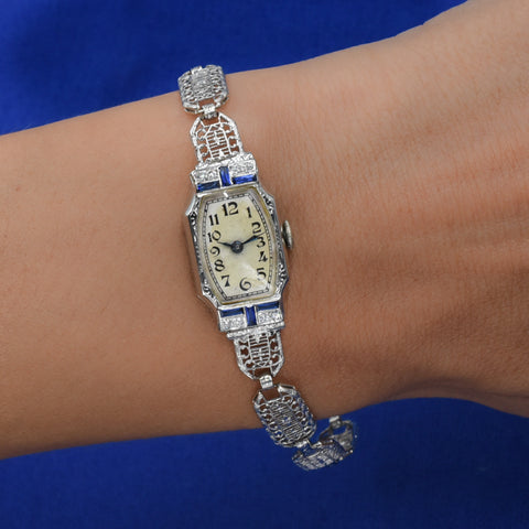 Art Deco Filigree Watch with Diamonds & Sapphires