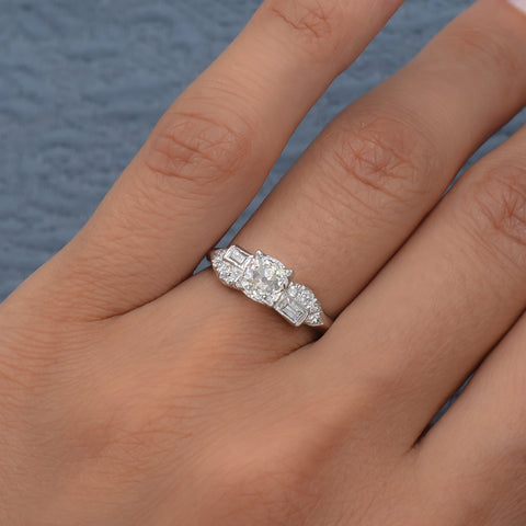 Art Deco Old Mine Diamond Ring with Diamond Studded Leaf Sides