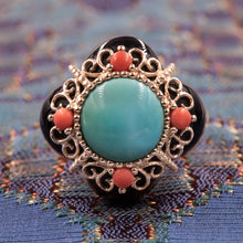 Turquoise Onyx & Coral Cocktail Ring c1990