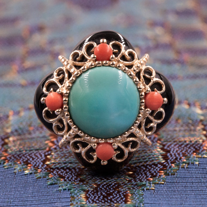 Turquoise Onyx & Coral Cocktail Ring c1990