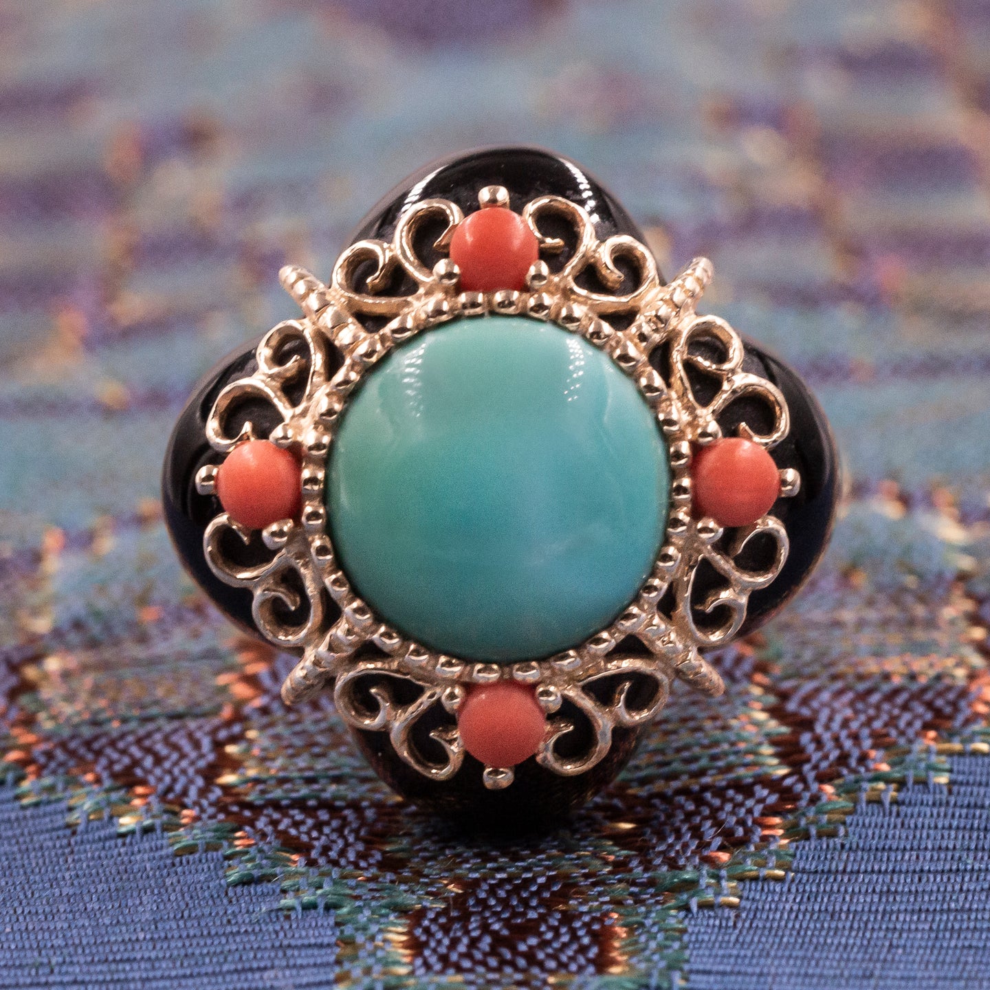 Turquoise Onyx & Coral Cocktail Ring c1990