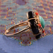 Turquoise Onyx & Coral Cocktail Ring c1990