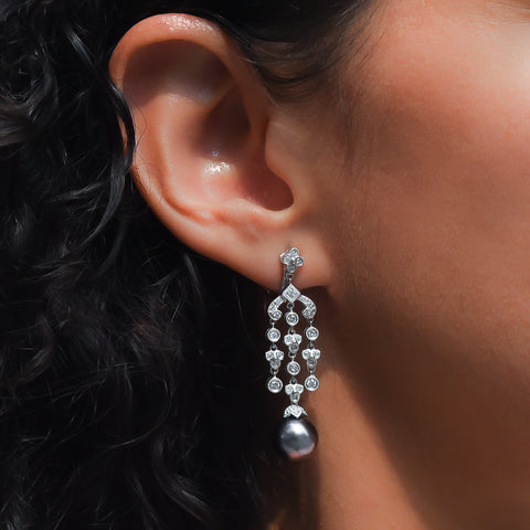 Tahitian Black Pearl Drop and Diamond Waterfall Earrings c1990