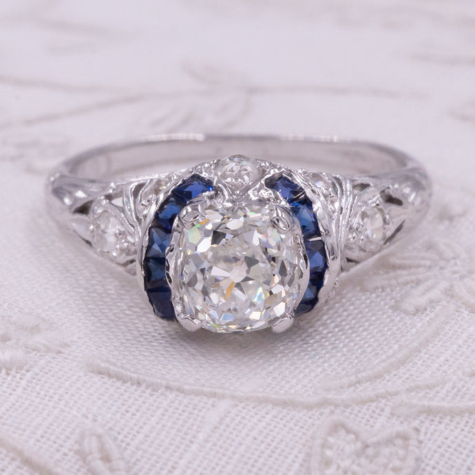 Art Deco Old Mine Diamond Ring with Sapphires