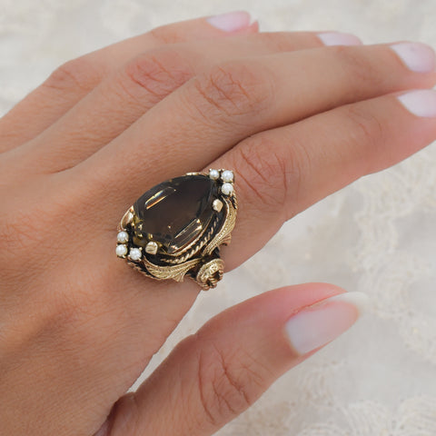 Shield-Cut Smoky Quartz Cocktail Ring c1960