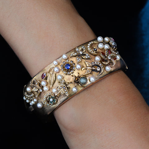 Victorian Multi-Gem Charm & Pearl Bangle