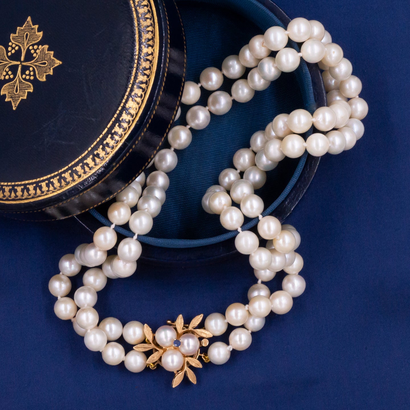 Double-Strand Pearl Necklace with Gold Bouquet Clasp c1980