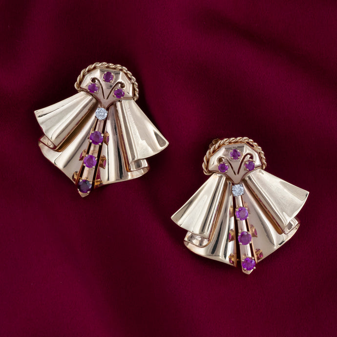 Retro Ruby and Diamond Ruffled Earrings