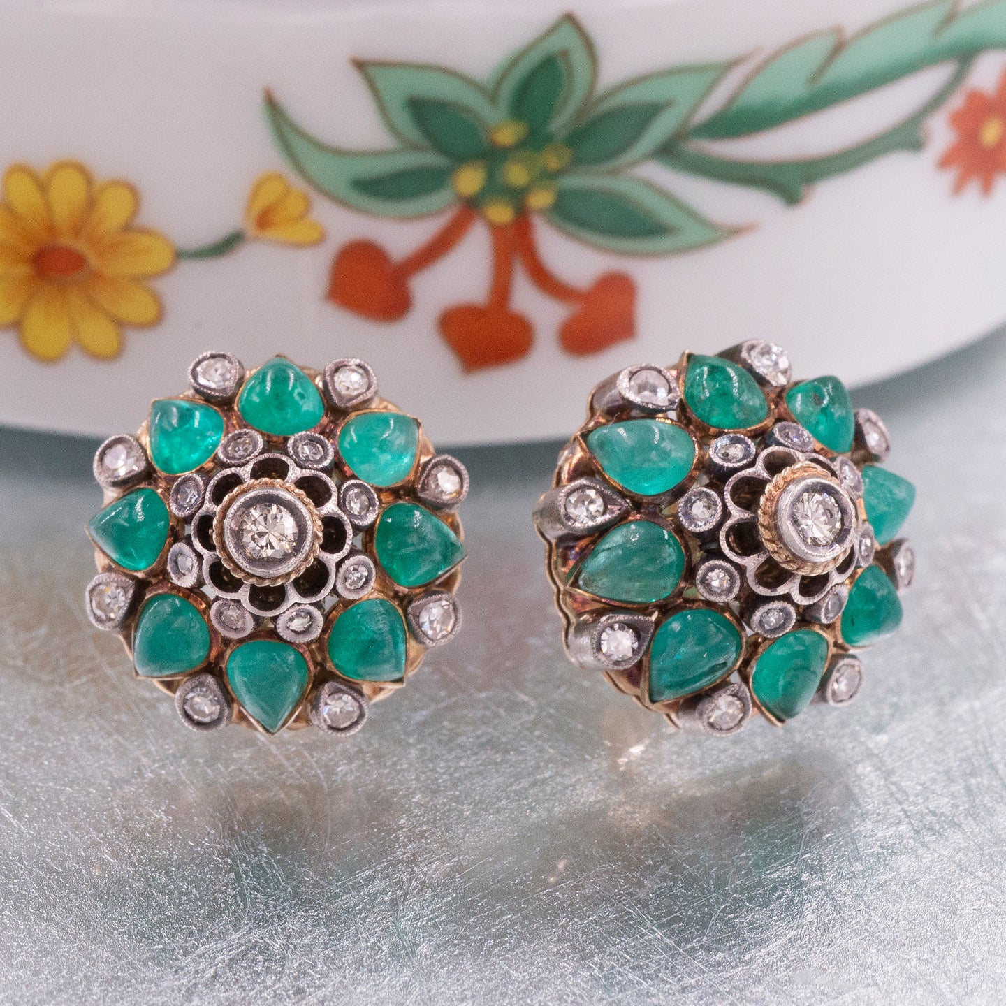 Thai Princess Emerald & Diamond Earrings c1960