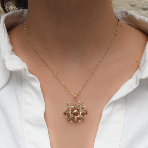 Starburst Pin/Pendant with Pearls & Diamond c1910