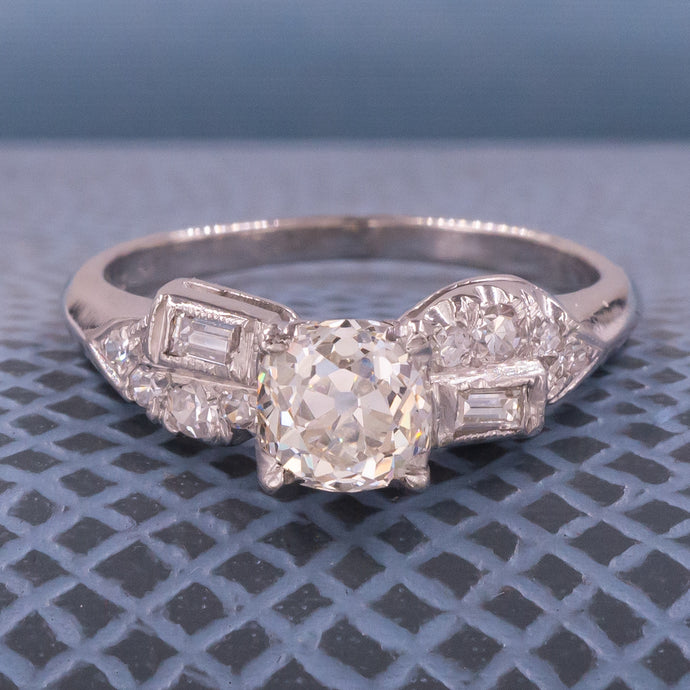 Art Deco Old Mine Diamond Ring with Diamond Studded Leaf Sides