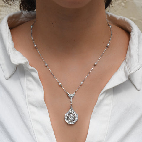Art Deco Diamond Drop & Natural Pearl Necklace