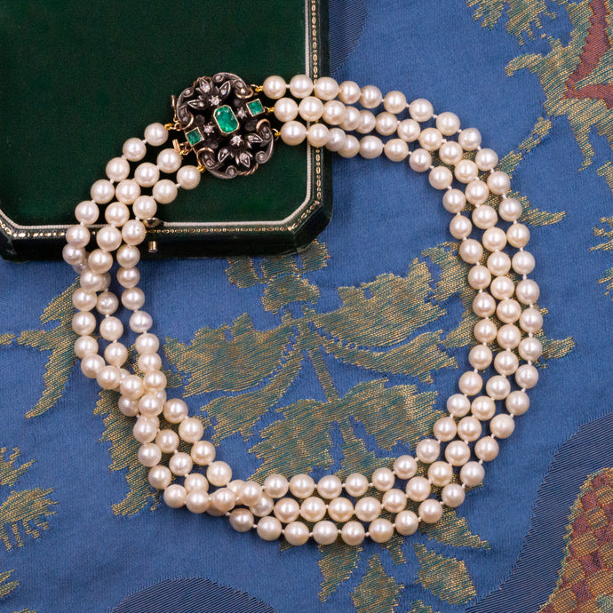 Georgian Emerald & Diamond Clasped Pearl Necklace