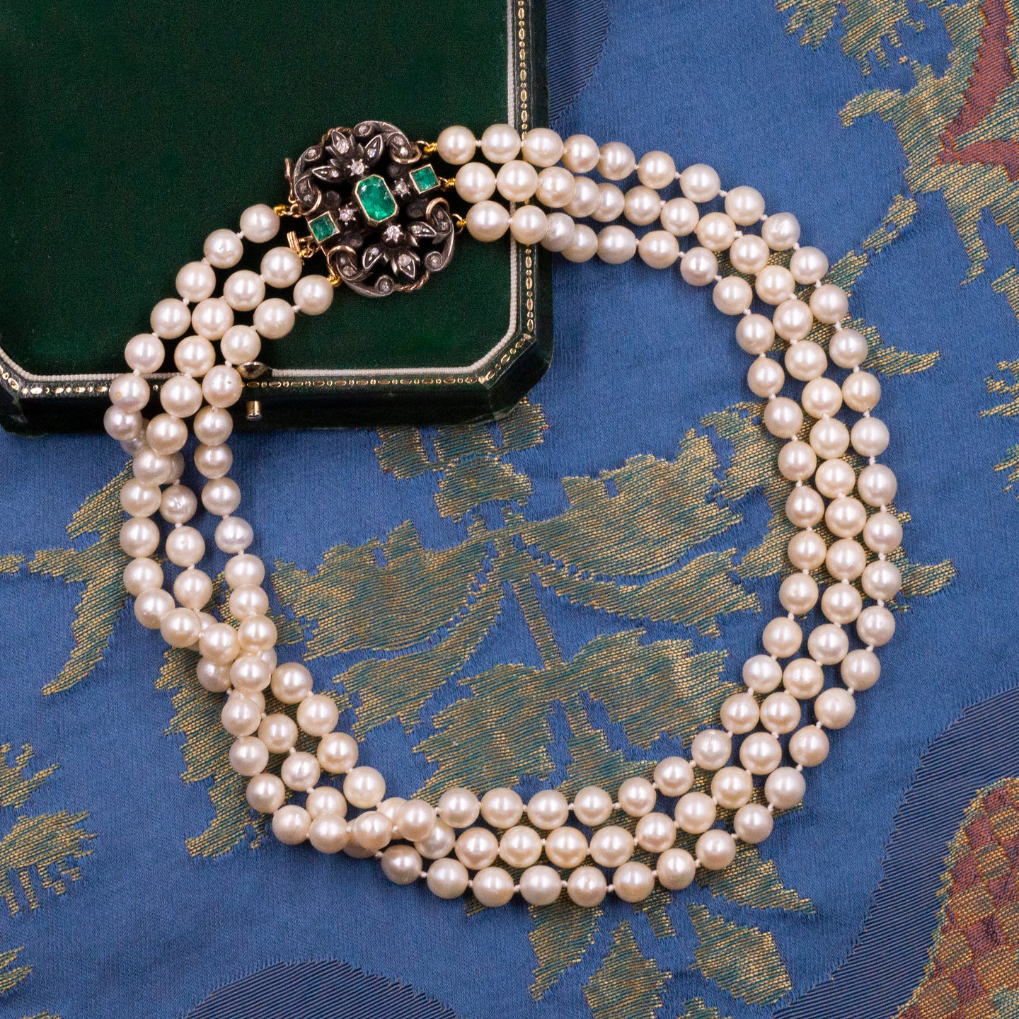 Georgian Emerald & Diamond Clasped Pearl Necklace
