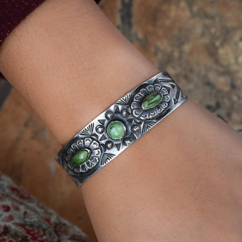 1940s Old Pawn Slim Silver Turquoise Cuff