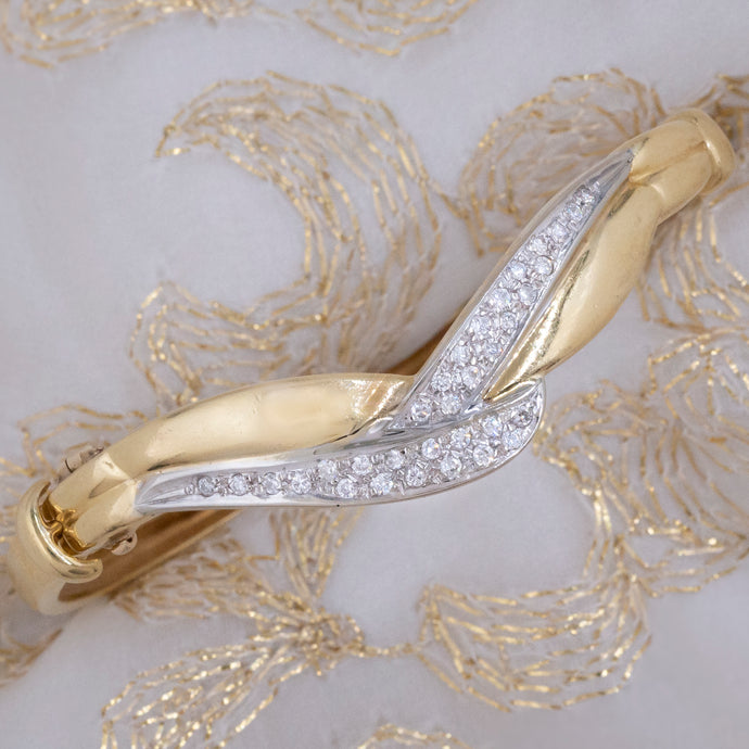 Curved Chevron Diamond Pavé Gold Bangle c1970