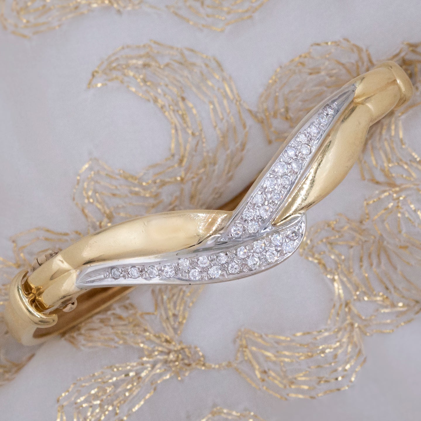 Curved Chevron Diamond Pavé Gold Bangle c1970