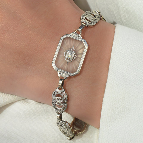 Camphor Glass & Diamond Filigree Bracelet