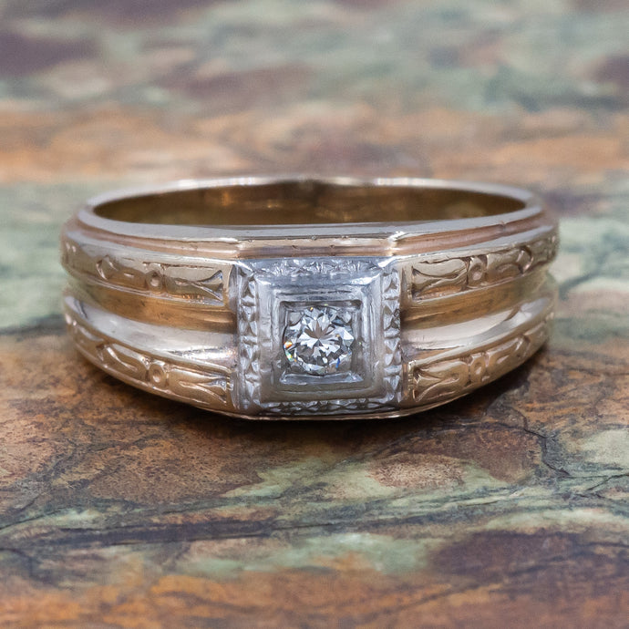 Two-Tone Single Diamond Gent's Ring c1930