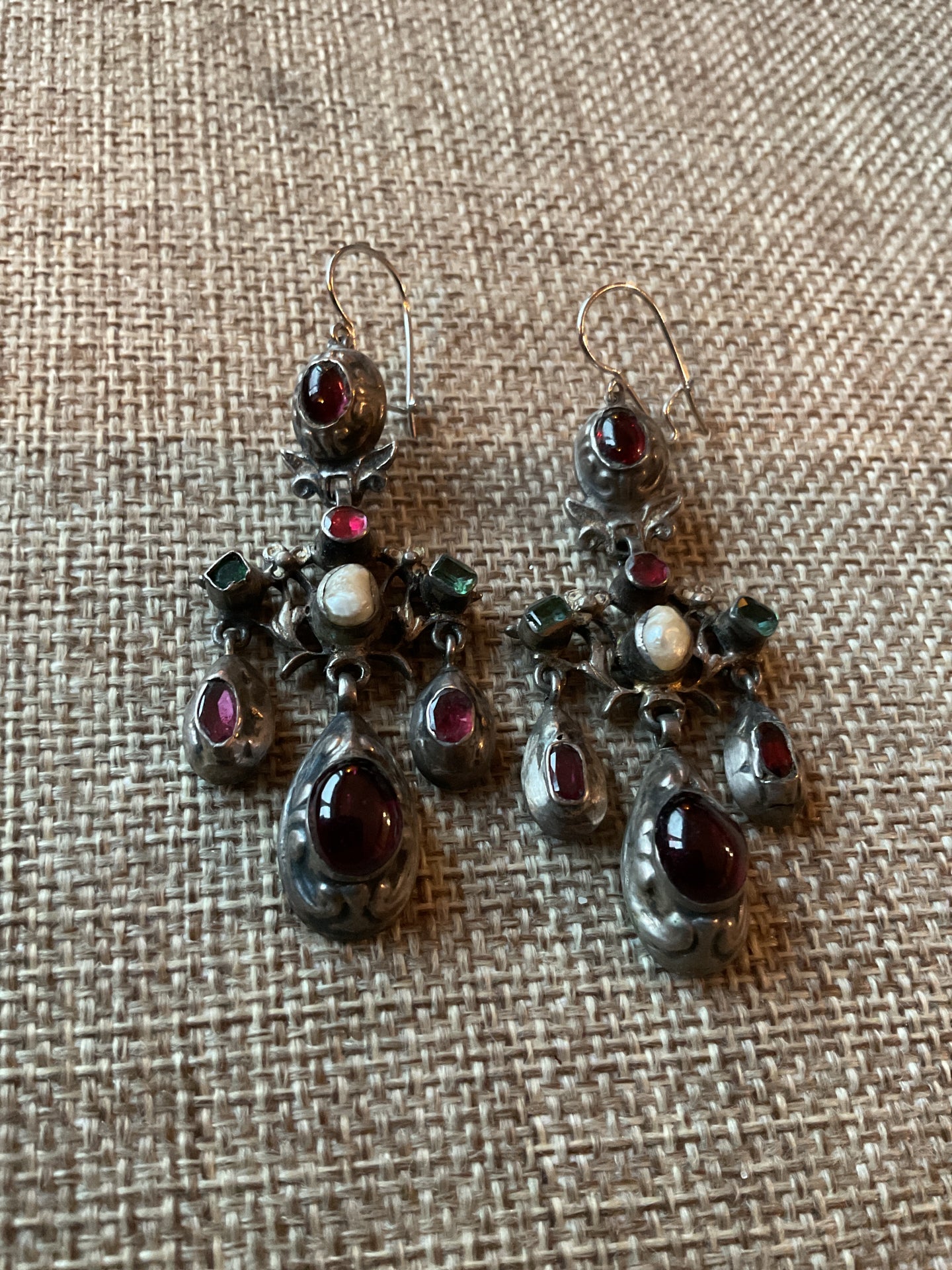 Antique Astro-Hungarian Silver, Garnet, Green Quartz, & River Pearl Earrings