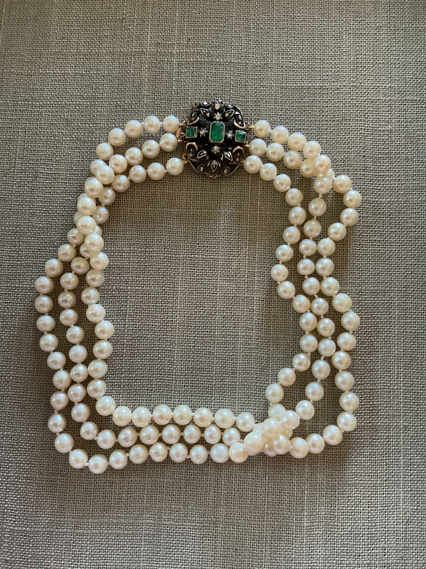 Triple-Strand 6.5x7mm Pearl Necklace w/ 1830’s-1840’s 21.6k Emerald & Diamond Clasp