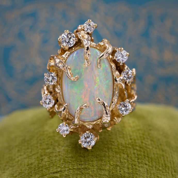 Brutalist Opal and Diamond Ring c1970