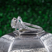 Old Mine Cut Diamond Ring with Emerald Accents c1920