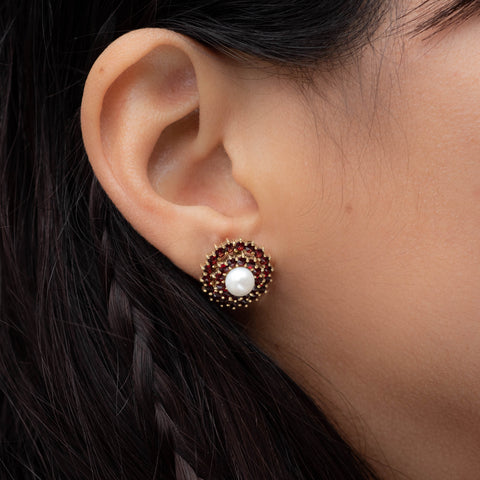 Garnet and Pearl Button Earrings c1950