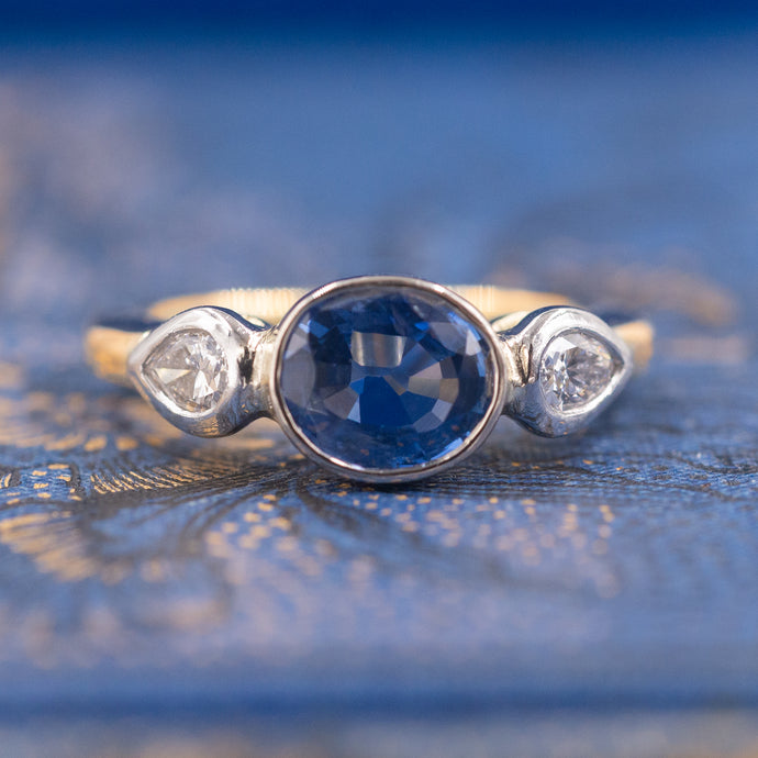 Ceylon Sapphire and Pear Diamond Ring c1980