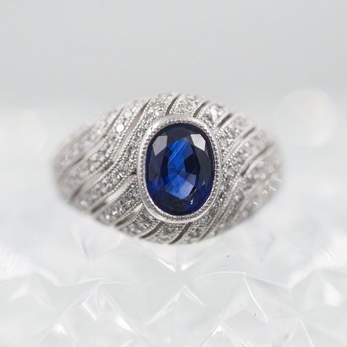 Ceylon Sapphire and Pavé Diamond Waves Ring c1990