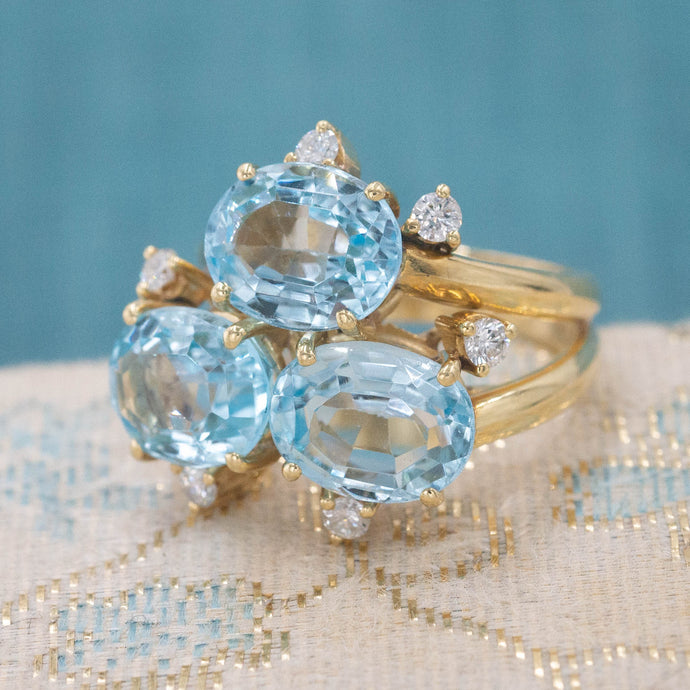 Triple Aquamarine Cocktail Ring c1970