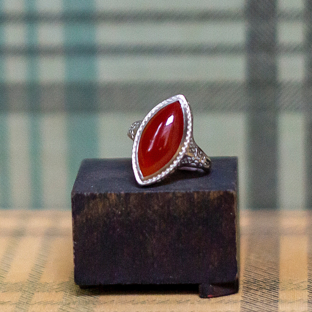 Carnelian Filigree Navette Ring c1930