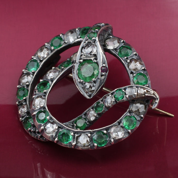 c1900 Emerald and Diamond Silver Snake Brooch