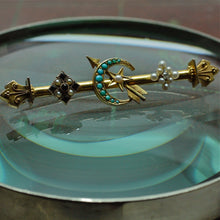Victorian crescent moon 14k bar pin with turquoise, pearls, diamonds and Etruscan revival details