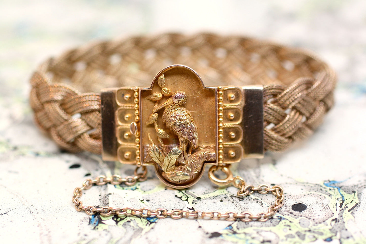 C.1890 Handmade 14K Gold Mesh Bird Bracelet