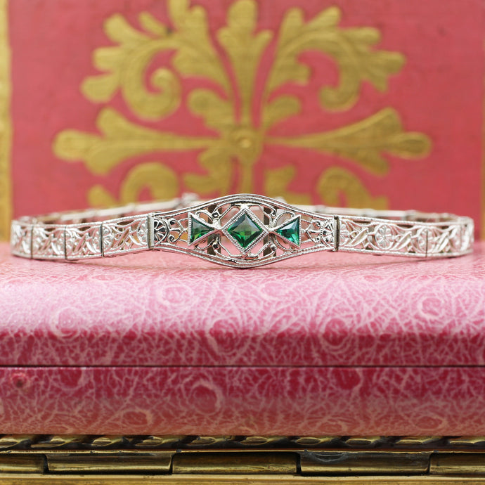 1920s 14k Filigree Bracelet with Emerald Paste Stones