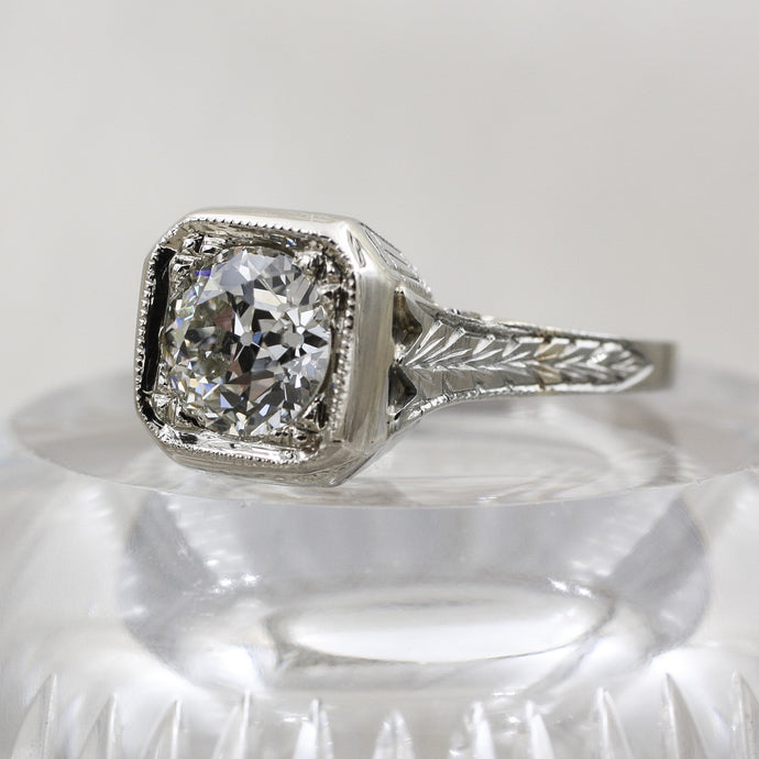 1920s Handcarved 18k .93ct Diamond Deco Solitaire