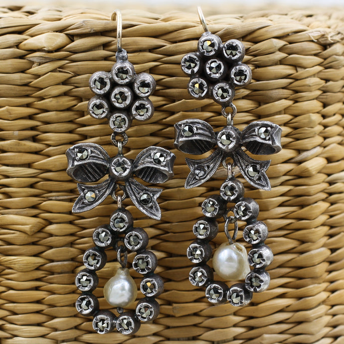 c1900 Marcasite Silver and 14k Baroque Pearl Drop Earrings