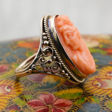 c1910 10k Handmade Coral Cameo Ring- Side View